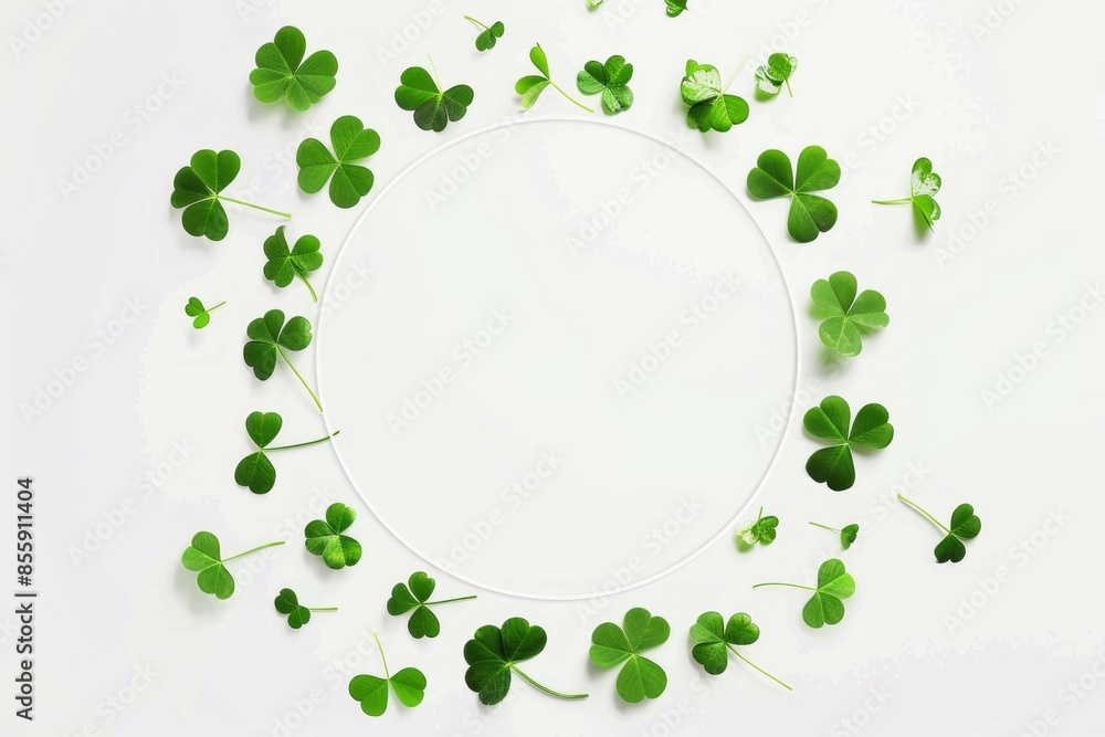 A circular green frame surrounded by a diverse array of clover leaves with varying shades of green, A circular green frame surrounded by a diverse array of clover leaves with varying shades of green,