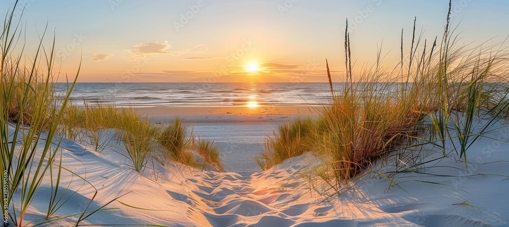 custom made wallpaper toronto digitalSeaside Sunset: Sand, Grass, and Ocean Waves against a blurry background of beach and sky