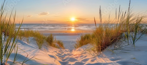 Wallpaper Mural Seaside Sunset: Sand, Grass, and Ocean Waves against a blurry background of beach and sky Torontodigital.ca