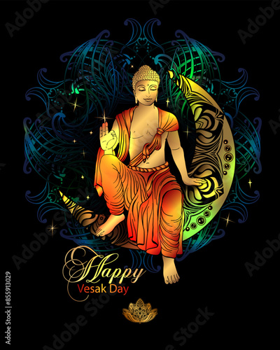 Buddha sitting and blesses, with an illuminated face on the background of the mandala. Buddha Purnima Background. Happy Buddha Vesak greeting card