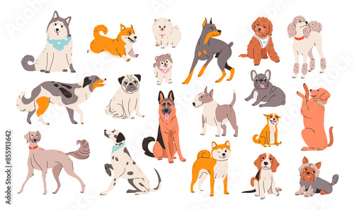 Cute dogs set. Dogs of different breeds. Canine animals pets. Sitting, standing and running pet