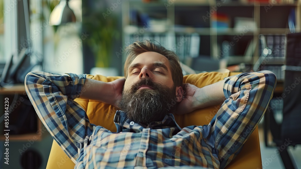 A bearded employee is sitting in a comfortable chair at his workplace. He has his hands behind his head and his eyes are closed. He is thinking about his future and feels successful. A bearded employee is sitting in a comfortable chair at his workplace. He has his hands behind his head and his eyes are closed. He is thinking about his future and feels successful.