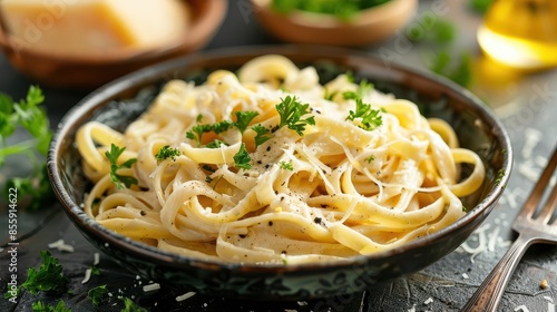 appetizing fettuccini alfredo pasta with parmesan and parsley garnish food photography photo