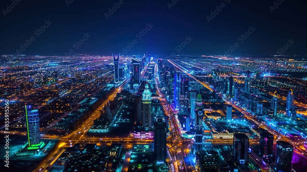 Fototapeta premium Night view of the city skyline in Saudi Arabia featuring the illuminated Kingdom Tower glowing with blue lights. Aerial view of vibrant skyscrapers and bustling streets, capturing the essence of moder