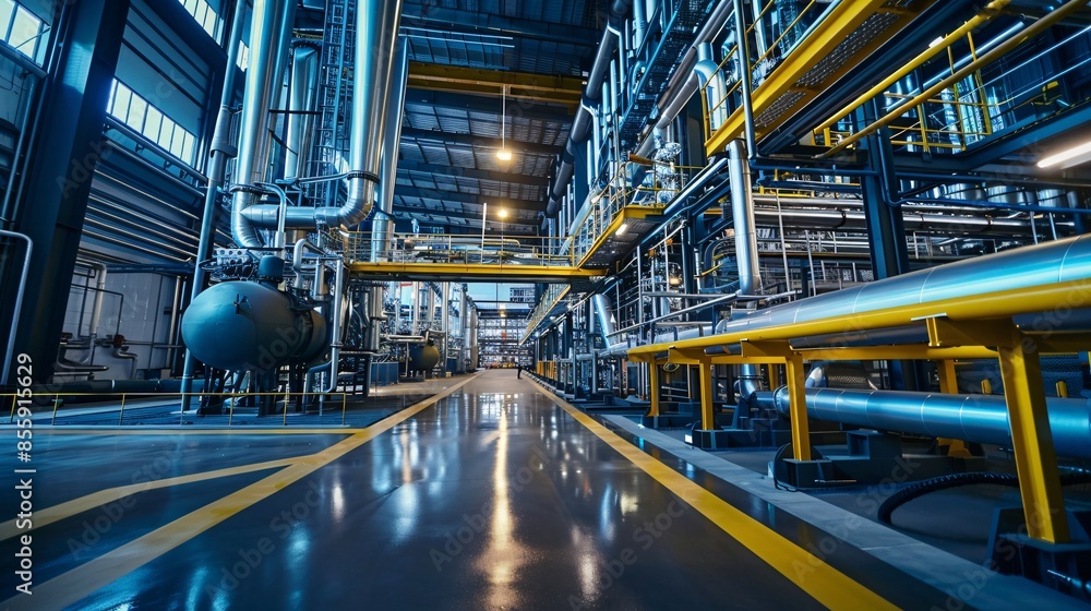 Modern industrial factory with blue floors, pipes, machinery; oil plant backdrop. Modern industrial factory with blue floors, pipes, machinery; oil plant backdrop.