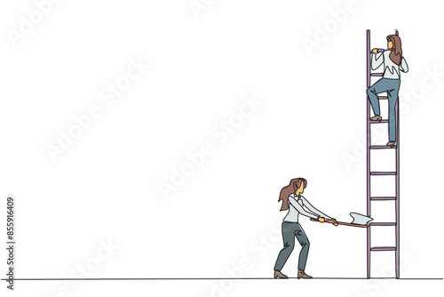 Single continuous line drawing businesswoman climbs ladder to achieve the expected reward. Destroyed silently. Business failed to develop. Destroyed by traitors.