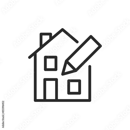 House design, linear style icon. House and pencil drawing it. Editable stroke width