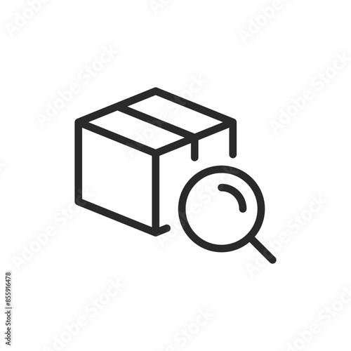box with magnifying glass, linear style icon. Searching and inspecting parcel. Editable stroke width