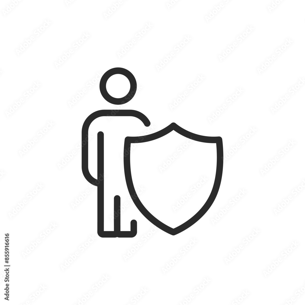 Fototapeta premium Person with shield, linear style icon. Symbol for personal security, protection, and safety. Editable stroke width.