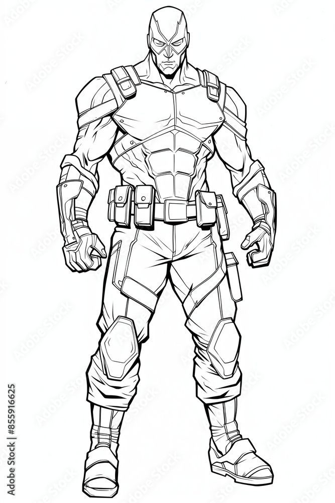 Illustration of armed man, Line Drawing of superhero, , coloring page Illustration of armed man, Line Drawing of superhero, , coloring page