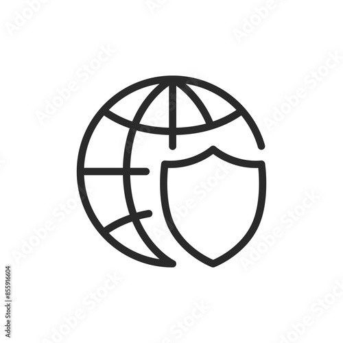 Globe with shield, linear style icon. global security and international protection. Editable stroke width.