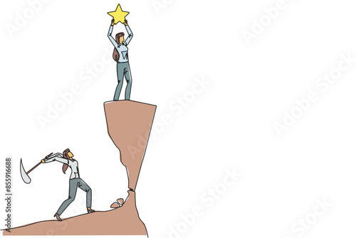 Single continuous line drawing businesswoman standing on a cliff lifting a star. Envious friend, eating away at success from the inside to fall down. The traitor. One line design vector illustration