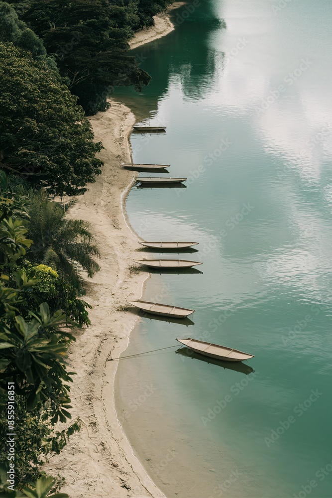 Fototapeta premium There are seven boats on a lake with a beach and green trees on the shore.