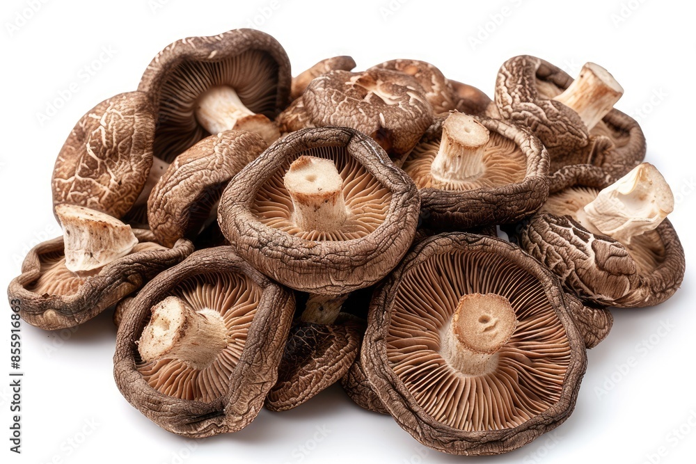 Overhead view of dried shiitake mushrooms on white background