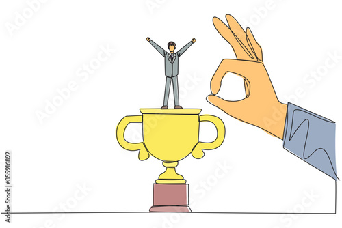 Continuous one line drawing businessman standing on big trophy. Celebrating the success of business. Got fraudulent business opponents. Falling helpless. Single line draw design vector illustration