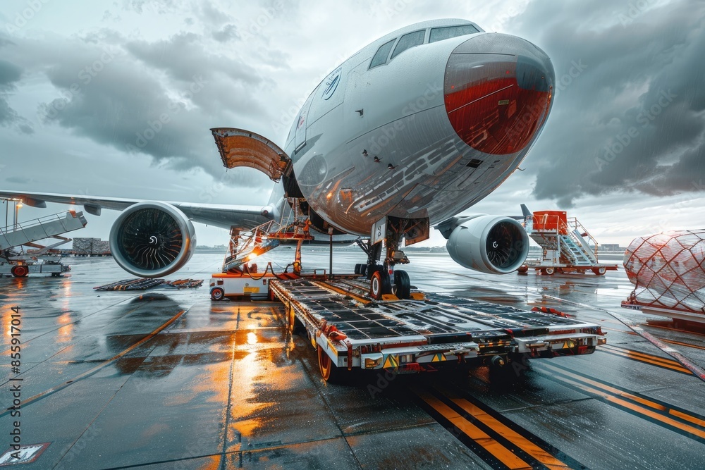 Commercial airplane being loaded with cargo containers at a busy airport Commercial airplane being loaded with cargo containers at a busy airport