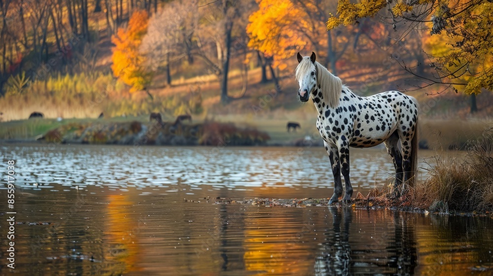 Appaloosa horse standing by a tranquil lake, its distinctive spotted coat reflecting in the calm waters, framed by the vibrant colors of autumn foliage Appaloosa horse standing by a tranquil lake, its distinctive spotted coat reflecting in the calm waters, framed by the vibrant colors of autumn foliage