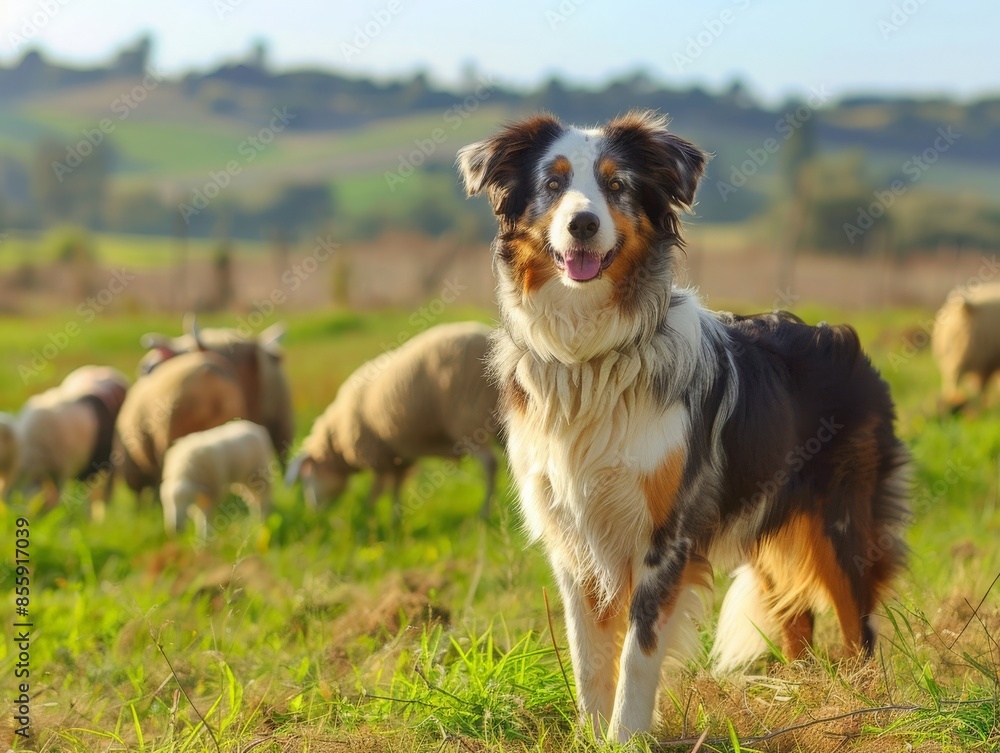 Australian Shepherd herding sheep in a rural pasture, demonstrating its working dog heritage and intelligence, with a picturesque farm landscape in the background Australian Shepherd herding sheep in a rural pasture, demonstrating its working dog heritage and intelligence, with a picturesque farm landscape in the background