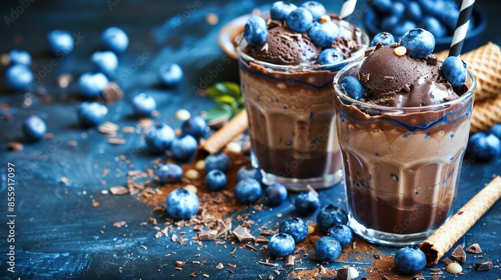 Two chocolate ice cream glasses on a black table with blueberries and waffle cones Two chocolate ice cream glasses on a black table with blueberries and waffle cones