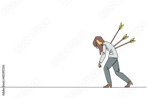 Single one line drawing businesswoman standing and several arrows stuck in the back. Attacked from behind. Destroyed and helpless. Fake partner. Traitor. Continuous line design graphic illustration