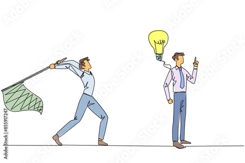 Single one line drawing businessman who comes up with an idea. A brilliant idea that will be stolen by a business partner. Cheating in business. Betrayal. Continuous line design graphic illustration