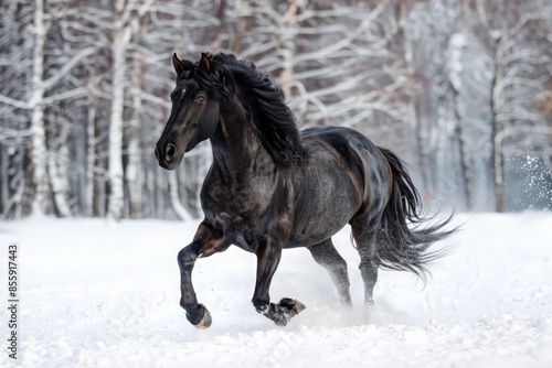 Friesian horse trotting through a snowy landscape, its dark coat and flowing mane and tail creating a striking contrast against the pristine white snow  © authapol