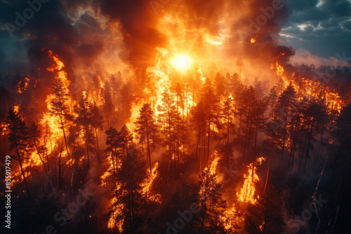 Aerial view of forest fire with intense flames and smoke