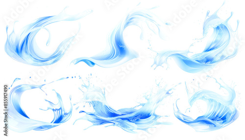 A collection of dynamic, artistic illustrations of blue water splashes and waves with a fluid, motion-filled design on a white background.