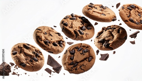 Flying dark chocolate chip cookies isolated on a white background © AndUp