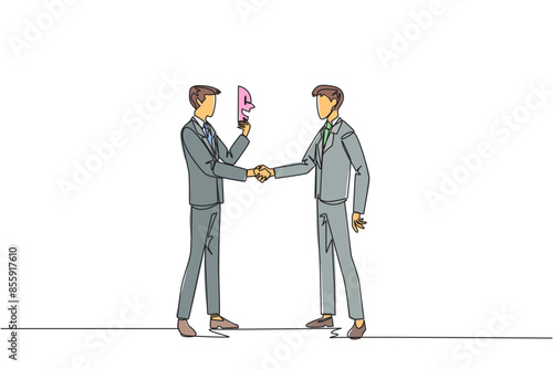 Single continuous line drawing two businessmen shaking hands. One of them has two faces. Full of falsehood. Fake friend. Worst teamwork. Business betrayal. Traitor. One line design vector illustration
