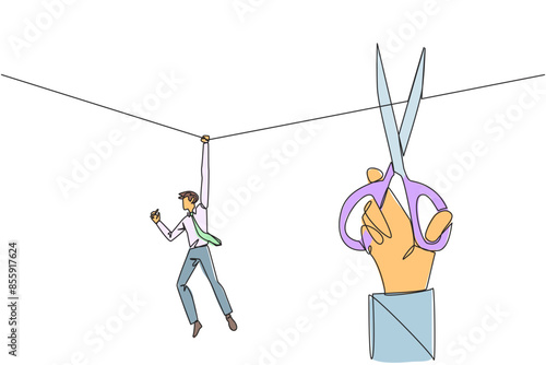 Single continuous line drawing businessman hanging from rope. A big hand that want to cut the rope. Maintaining a nearly useless business. Thwarted by traitors. One line design vector illustration