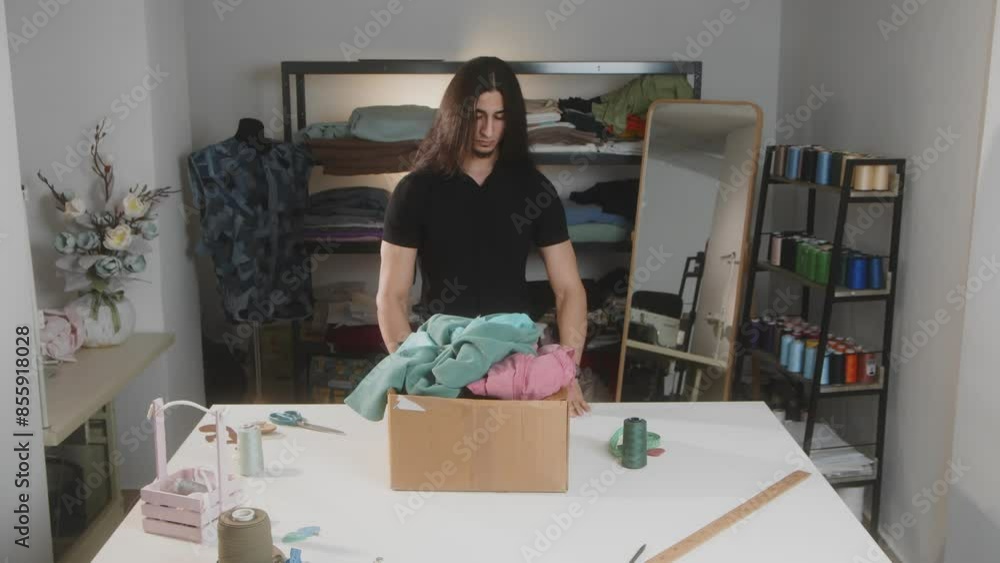 The tailor takes out a box of clothes The tailor takes out a box of clothes