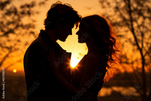 Silhouette of a Couple with Sunset Bokeh Background