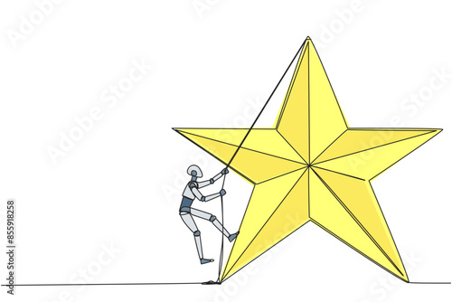 Single continuous line drawing smart robot climbing the star with the rope. Entrepreneurs strive extra hard to reach the goals hang in the stars. Dream come true. One line design vector illustration