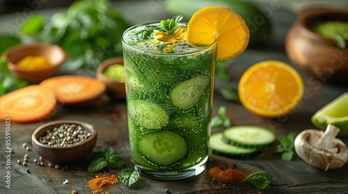 Tall Clear Detox Glass with Fresh Mixed Ingredients