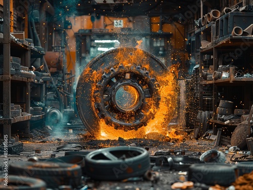 Old Metal and Rubber Wheels from Industrial Equipment