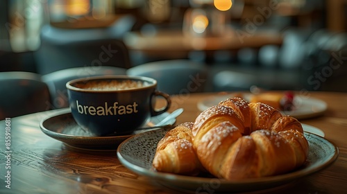 Morning Hotel Breakfast with Coffee and Croissants