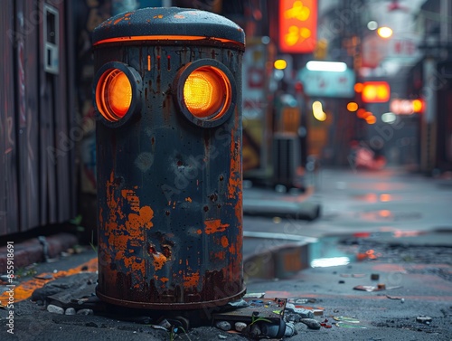 Cinematic Neon and Orange Lit Trash Can Scene