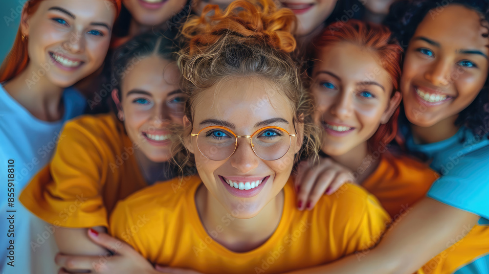 Fototapeta premium Group of diverse young women embracing and smiling together