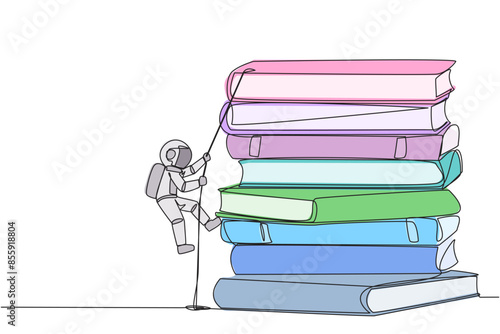 Single continuous line drawing young astronaut climbing a pile of books with a rope. Try hard to gain new knowledge for the smooth running of business. Great work. One line design vector illustration