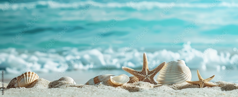 3D Render of a Magnificent Beach with White Sand, Sea Shells, Blurred Edges, Soft Lighting and Light Green and Turquoise Colors in the Background 3D Render of a Magnificent Beach with White Sand, Sea Shells, Blurred Edges, Soft Lighting and Light Green and Turquoise Colors in the Background