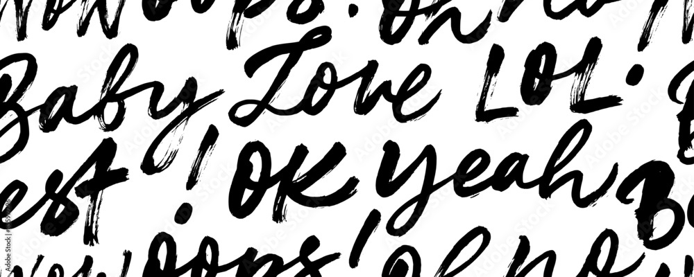 Vector seamless pattern with grunge words: love, wow, omg, baby, best, lol, ok. Cute youth words handwritten with dry brush. Vector seamless pattern with grunge words: love, wow, omg, baby, best, lol, ok. Cute youth words handwritten with dry brush.