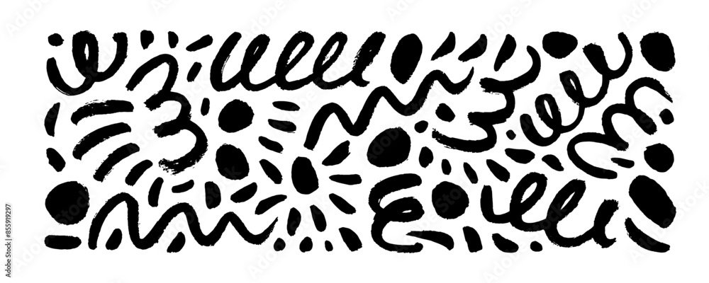 Hand drawn marker scribbles, squiggles, curly lines and bold dots. Brush stroke lines, squiggles, daubs isolated on white background. Hand drawn marker scribbles, squiggles, curly lines and bold dots. Brush stroke lines, squiggles, daubs isolated on white background.