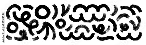 Various bold brush drawn wavy lines, circles and arches. Thick squiggle lines, abstract geometric grunge elements. Hand drawn doodle grunge style elements. Primitive geometric forms set.