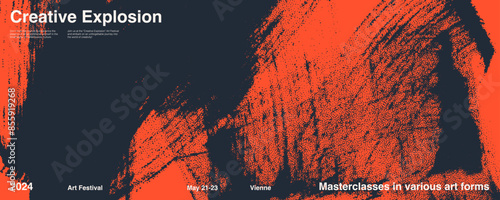 Abstract grunge grainy texture banner with typography. Poster or template with dark grainy texture on bright orange background. Noise halftone. Distressed retro background. Stipple sand effect.