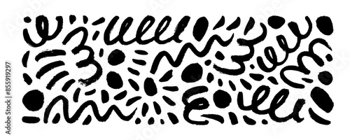 Hand drawn marker scribbles, squiggles, curly lines and bold dots. Brush stroke lines, squiggles, daubs isolated on white background.