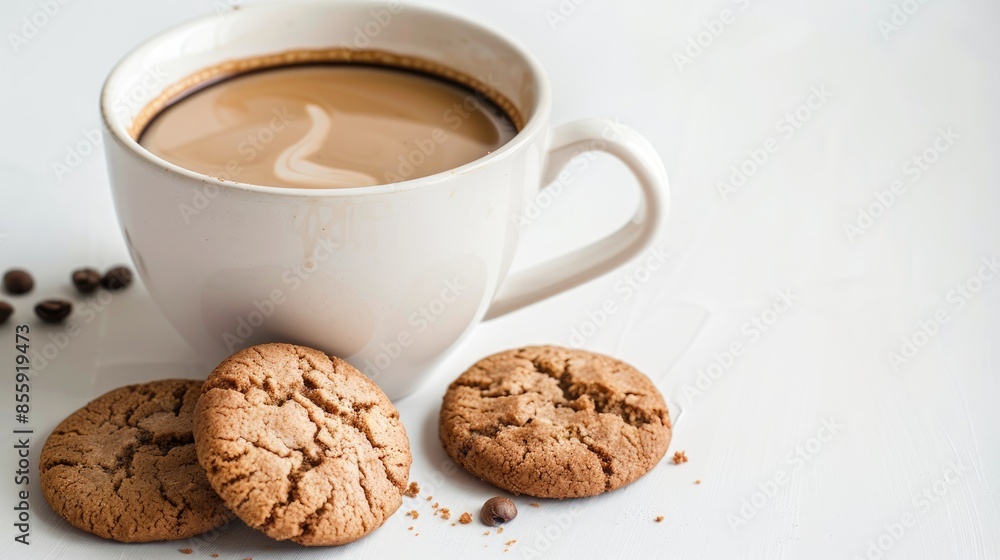 Quality photo of a coffee cup with cookies on a white background Quality photo of a coffee cup with cookies on a white background