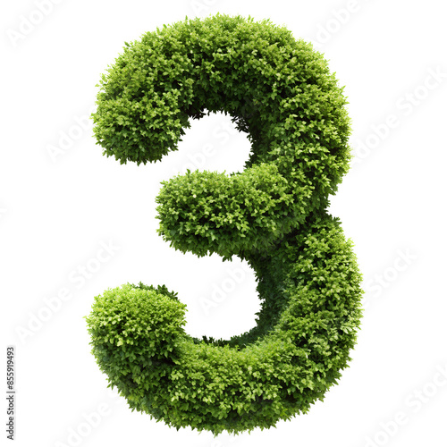 Realistic vertical garden number, discount of green leaves on a white background, 3D rendering. Shrub cutout in the shape of the number '3' (Three) photo