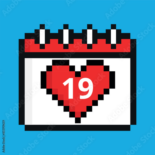 Vector illustration of red calendar icon with heart in pixel art with specific day marking a specific day, day 19.