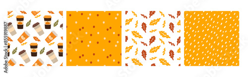 Seamless Autumn hot drink pattern set, hand drawn doodle Pumpkin spice latte, abstract geometric shapes. Set of five Autumn Hot Drink prints For wrapping paper, festival menu, wallpaper, packaging